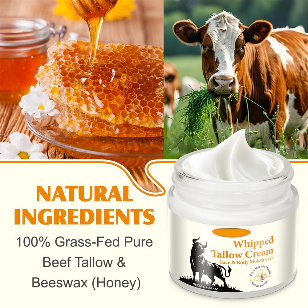 Cebo de Res para la Cara Original, Crema de Cebo de Res, Whipped Tallow Honey Balm, Aceite de Coco Prensado en Frío, Grass Fed Animal Balsam (2 Sebo de Res para la Cara Tallow and Honey Balm)