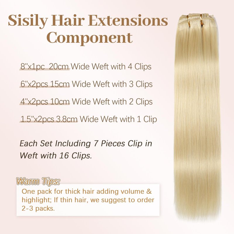 Sisily Clip in Hair Extensions Real Human Hair, Premium Human Hair Clip in Extensions Bleach Blonde, Soft Straight Hair Extensions Real Human Hair Clip ins 7PCS Double Weft（16 Inch #613）