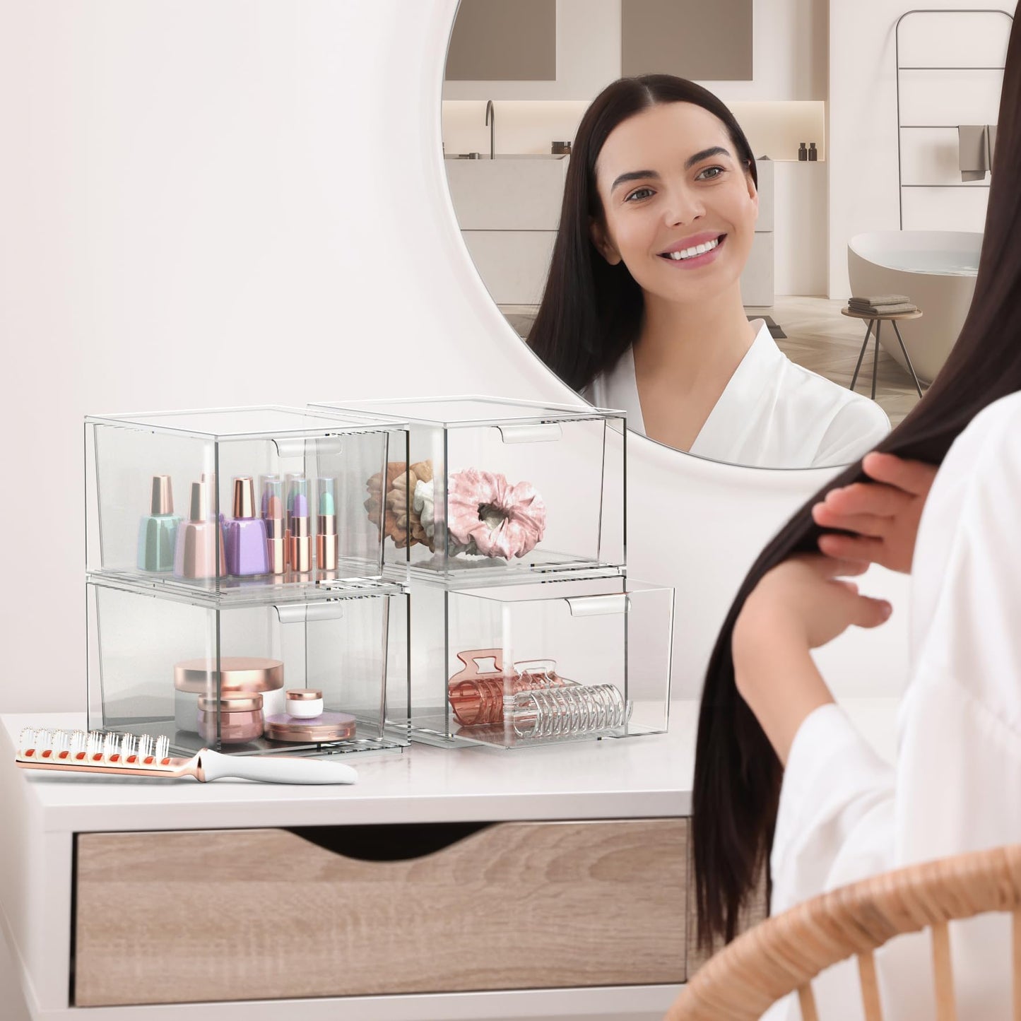Sorbus 3 Pack Makeup Organizer - Clear Stackable Acrylic Drawer Organizer for Vanity, Bathroom, Undersink, Cabinets, Jewelry, Stationary, Plastic Storage Bins for Office Organization and Storage