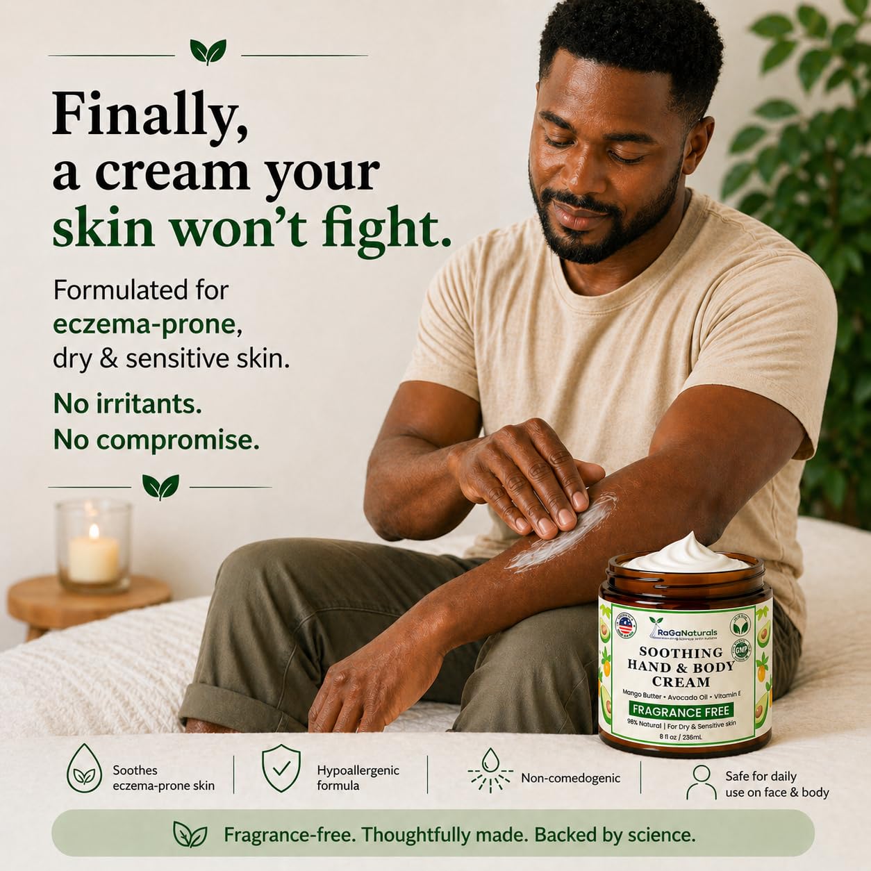 RaGaNaturals Fragrance Free Natural Hand and Body Cream - Moisturizer for Dry, Sensitive & Eczema-Prone Skin -Mango Butter, Argan Oil, Vitamin E -Unscented Non-Comedogenic Lotion for Women & Men -8 oz