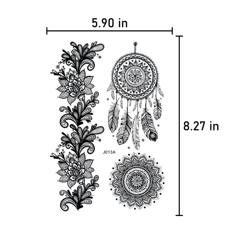 Temporary Tattoos for Women 6 Pack Henna Tattoo Stickers for Adults Women & Girls Metallic Black Lace Body Art Large Big Arm