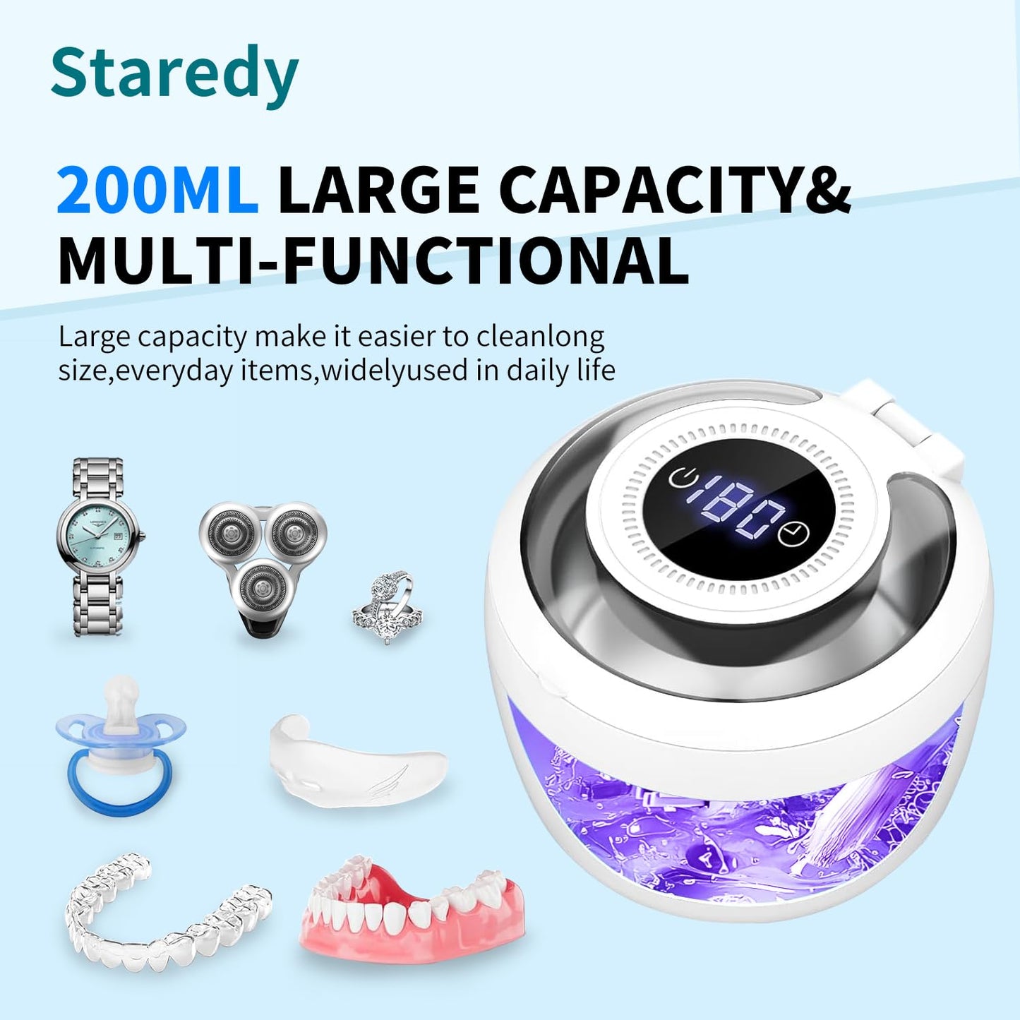 Staredy Ultrasonic Retainer Cleaner for Dentures,Oral Dental, 6 UV Lights-4 Mode-200ML Denture Cleaner Machine for Aligner,Braces, Jewelry with Mouth Guard Cleaner-Touchscreen (white)