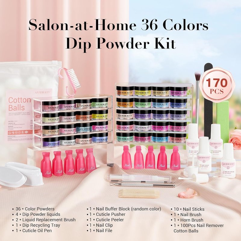 AZUREBEAUTY 170Pcs Dip Powder Nail Kit, 36 Color Neon Bright Blue Yellow with Dipping Powder Base/top Coat Activator Liquid Set & Removel Kit for French Nail Art Salon DIY Home