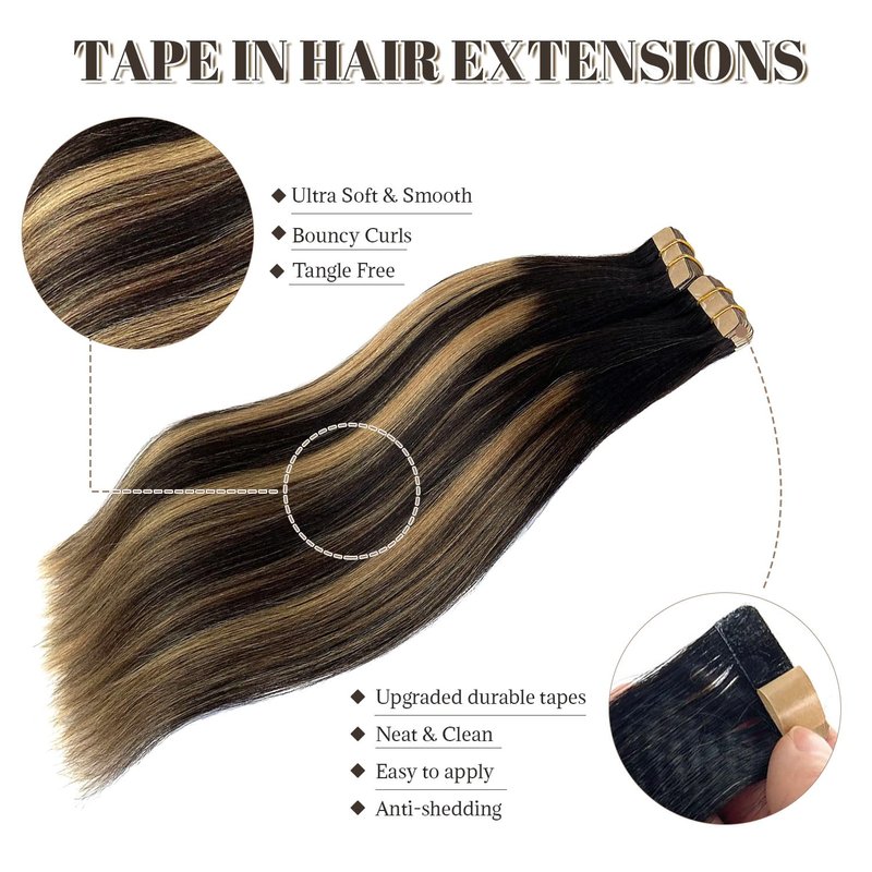 Tape in Hair Extensions Human Hair Yaki Straight Natural Black Hair Extensions Balayage Caramel Blonde Highlights Real Remyh Human Hair 12 Inch 50g/pack 20pcs Tape Hair Extensions for Black Women