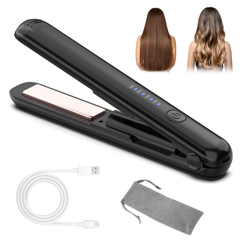 Mini Portable Cordless Hair Straightener, 1 inch Double Ceramic Flat Iron Hair Straightener and Curler 2 in 1, Wireless Curling Iron for Travel (Black)