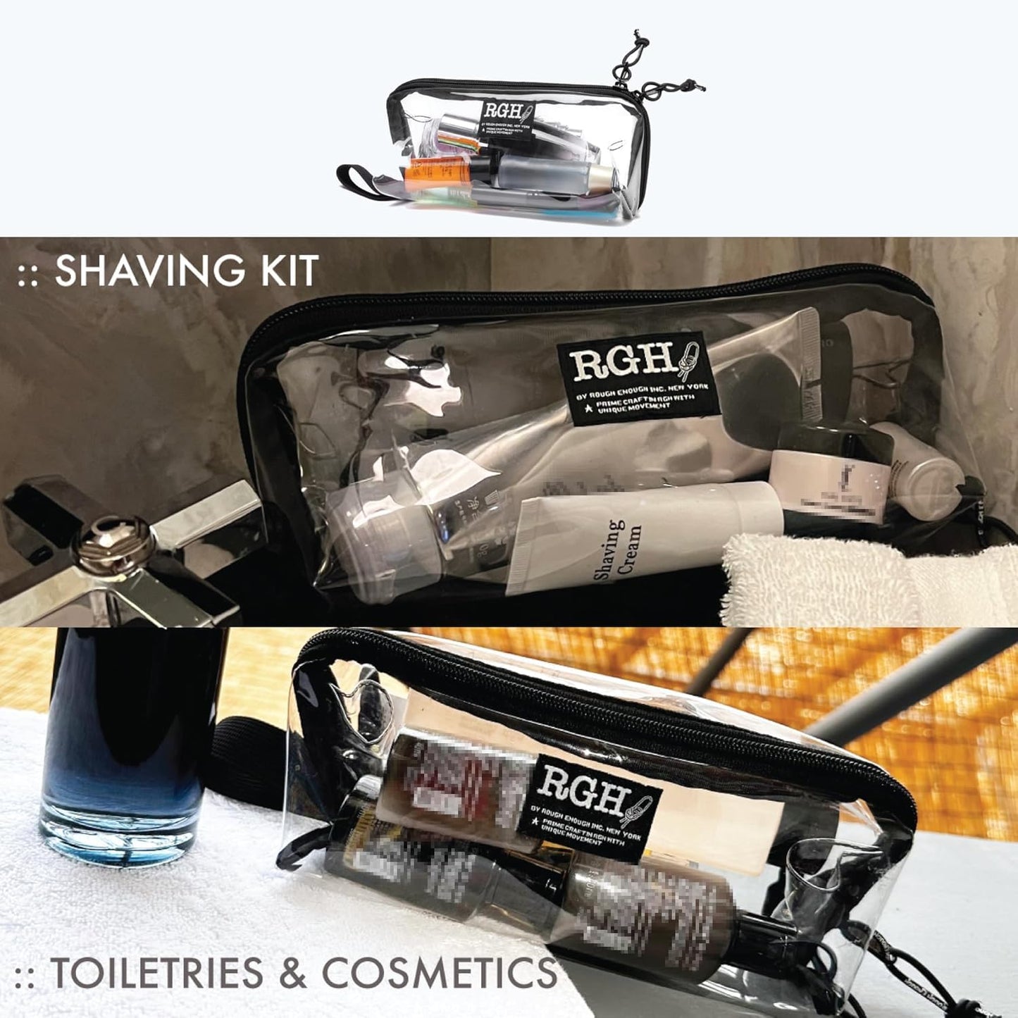 Rough Enough Clear TSA Approved Toiletry Bag Makeup Cosmetic Case Pouch Shaving Kit Travel Essential Accessory with Zipper for Women Men
