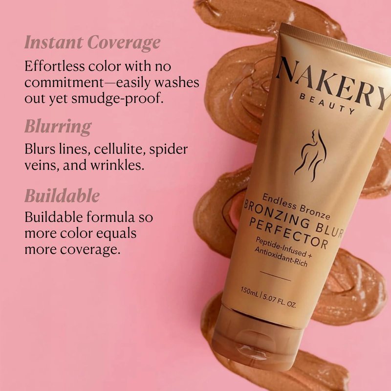 Nakery Bronzing Blur Perfector, Instant Body Bronzer for Women, Skin Tint with Shimmer, Easy Rinse Formula for Natural Looking Sunless Glow, Tinted Lotion for Legs and Arms