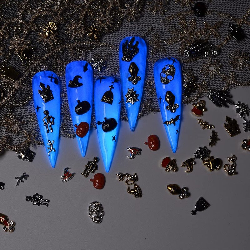 BAIYIYI Halloween Nail Charms - 24 Styles/Box Metallic Nail Studs & Rhinestones DIY Decorations