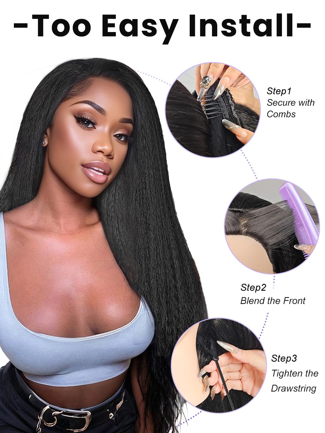 catti 3 In 1 Half Wig Kinky Straight Synthetic Hair Comfortable Fit Invisible Hairline Adjustable Drawstring Wigs for Seamless Hair Blending Ready to Go Headband Wig for Women 22 Inch