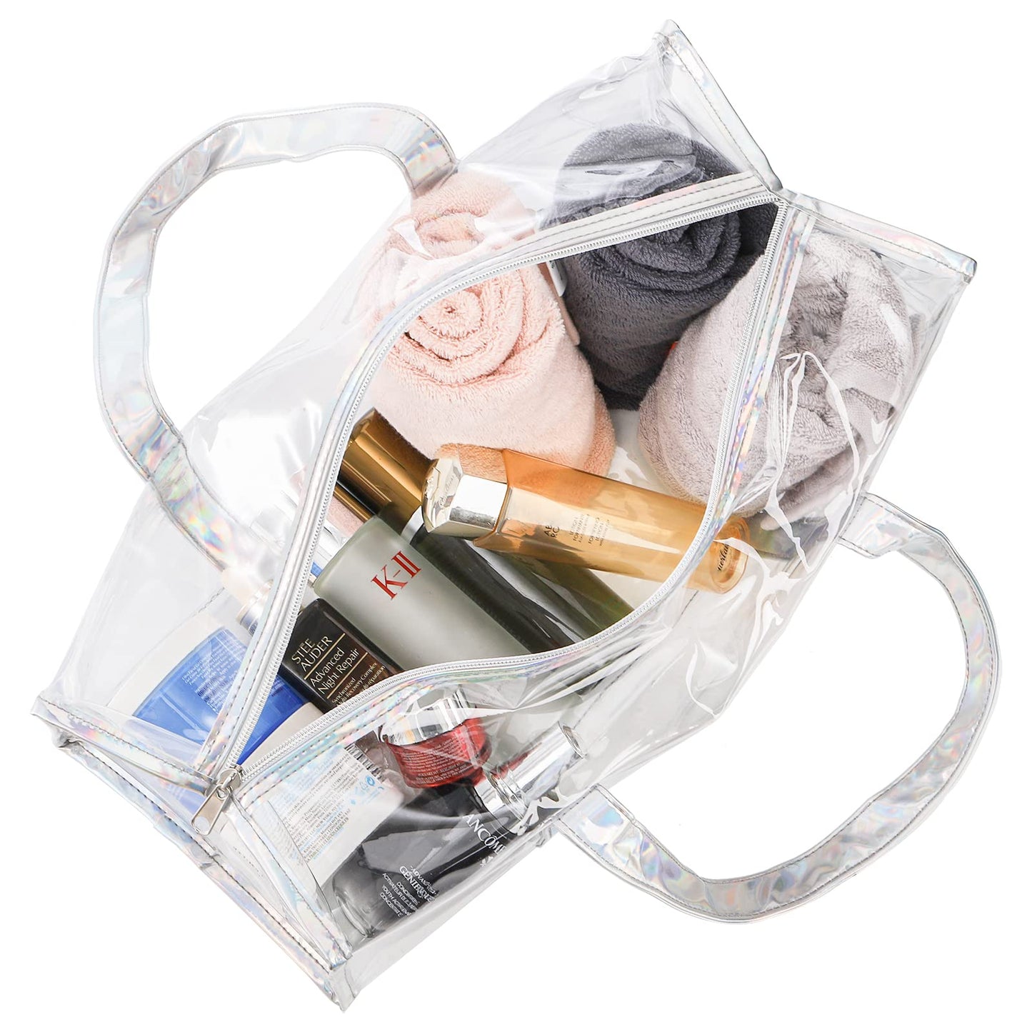 Lyellfe 2 Pack Clear Duffle Bag for Women, Heavy Duty Sports Tote Gym Bags, Large PVC Tote with Zipper, Plastic Makeup Toiletry for Gym, Travel, Beach and Picnic