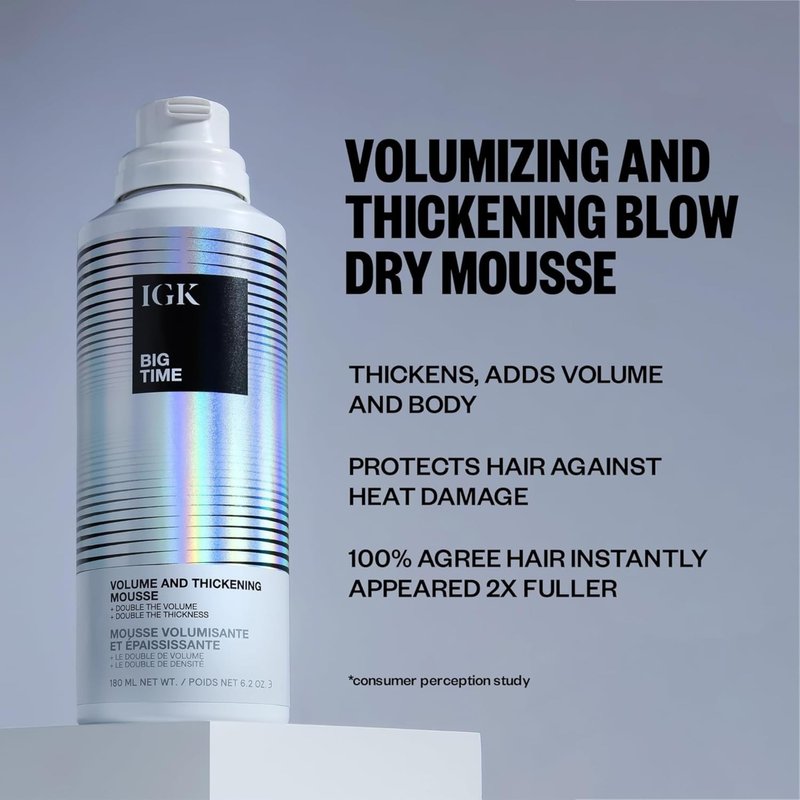 IGK BIG TIME Volume & Thickening Mousse | Flexible Hold Volumizing Styling Foam for Fine, Flat or Curly Hair | Lightweight Body, Frizz Control & Heat Protection | Vegan + Cruelty Free | 6.2 Oz