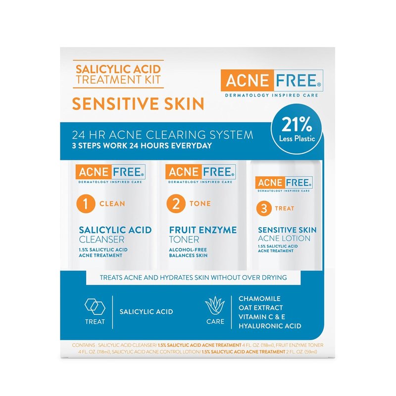 AcneFree 24Hr Acne Clearing System | 3-Step Kit with 1.5% Salicylic Acid for Sensitive Skin - Gentle Cleanser, Toner & Lotion