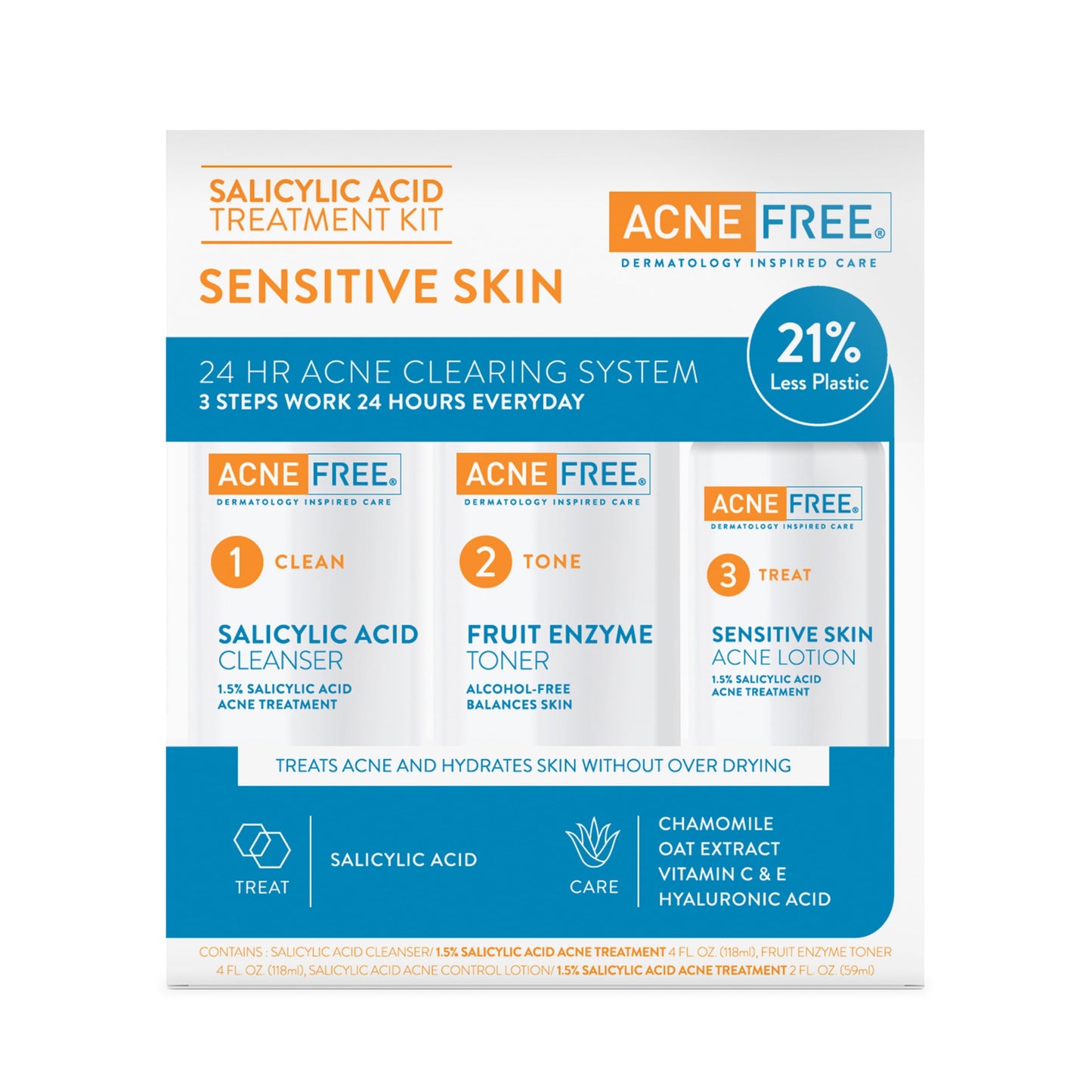 AcneFree 24Hr Acne Clearing System for Sensitive Skin, 3-Step Kit with 1.5% Salicylic Acid – Gentle, Alcohol-Free Cleanser, Toner & Lotion for Acne-Prone Skin, Dermatologist Recommended
