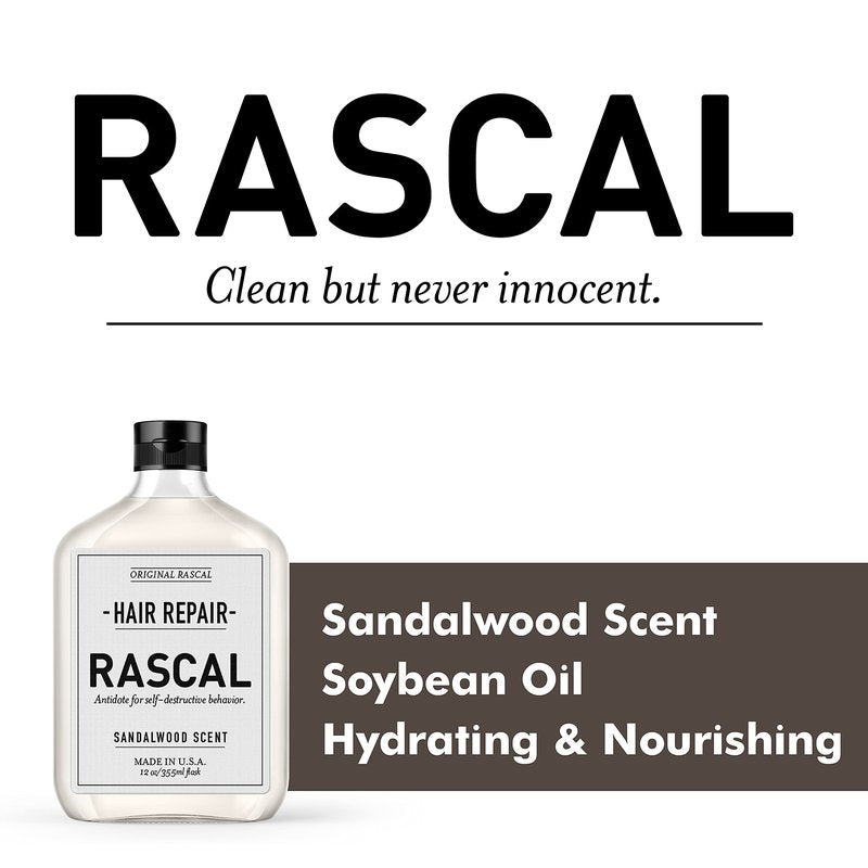 Rascal Hair Repair for Men - Premium Natural Conditioner for Men's Hair, Repairs Dry and Damaged Hair, Smoothing and Moisturizing Conditioner for Frizz Control, Natural Sandalwood Scent - 12 Fl Oz