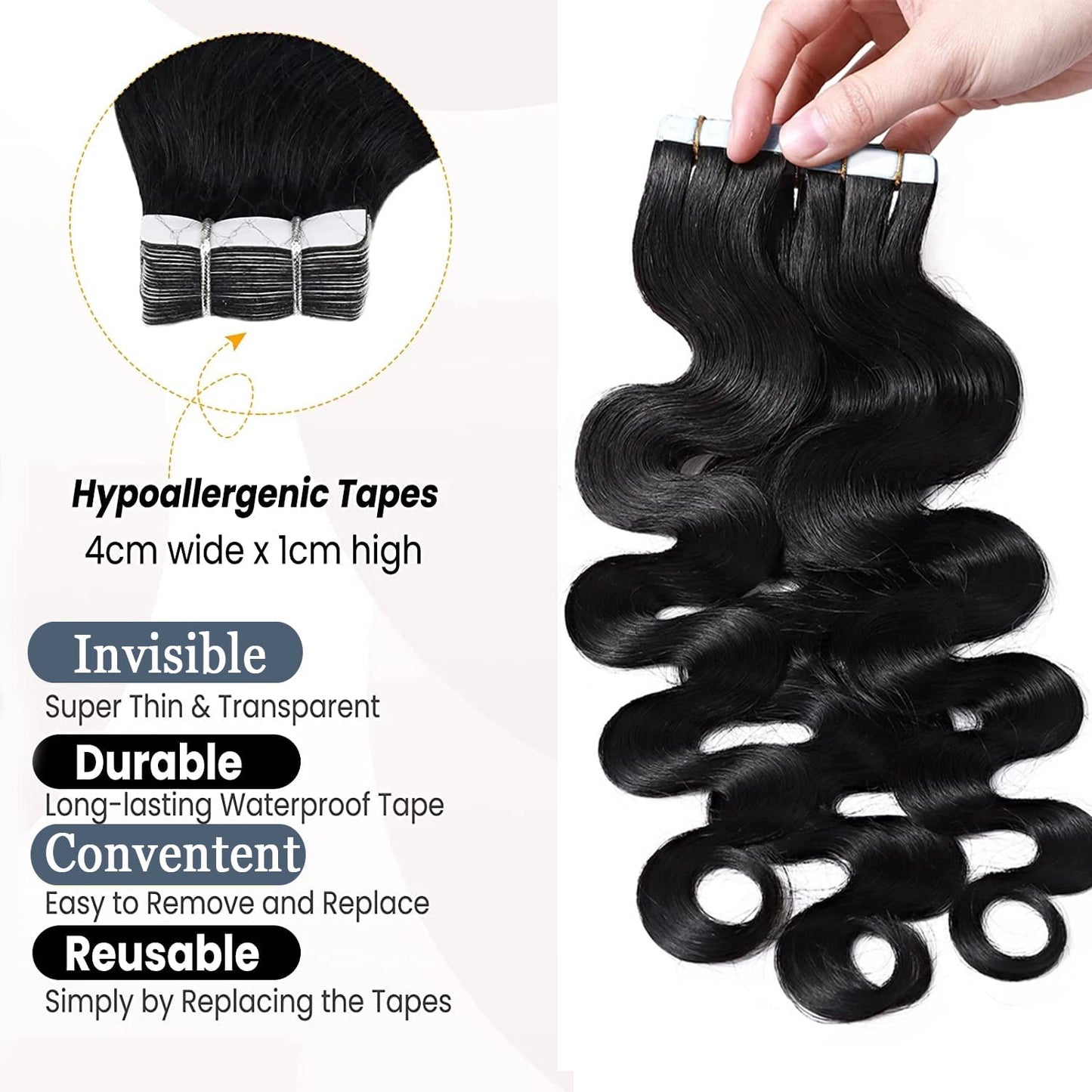 Tape in Hair Extensions Human Hair Body Wave Real Human Hair for Black Women Skin Weft Adhesive Glue in Extensions 14Inch 20 PC 50G/Set Double Sided Tape in Extensions 40-60 PCS Suggested