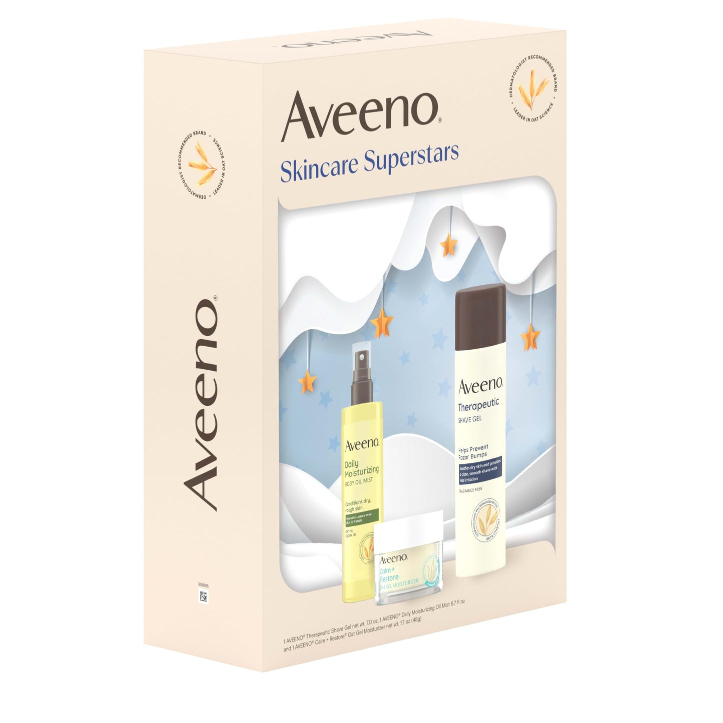 Aveeno Skin-care Superstars Gift Set with Calm + Restore Oat Gel Facial Moisturizer, Daily Moisturizing Body Oil Mist, & Therapeutic Shave Gel for Smooth Skin, 3 items