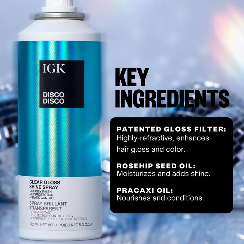 IGK Disco Disco Travel Size Clear Gloss Shine Spray | Weightless Glassy Shine with a Soft Non-Greasy Finish | UV Protection Finishing Spray | 2.1 Oz