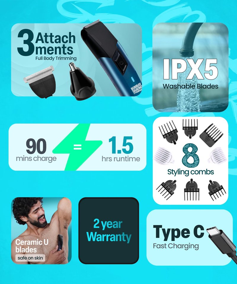 Bombay Shaving Company 11 in 1 Trimmer Men All in One Full Body Trimmer for Men 90 Min Charge time 90 mins Run time Type C Charging Power Groomer (New Model), Blue