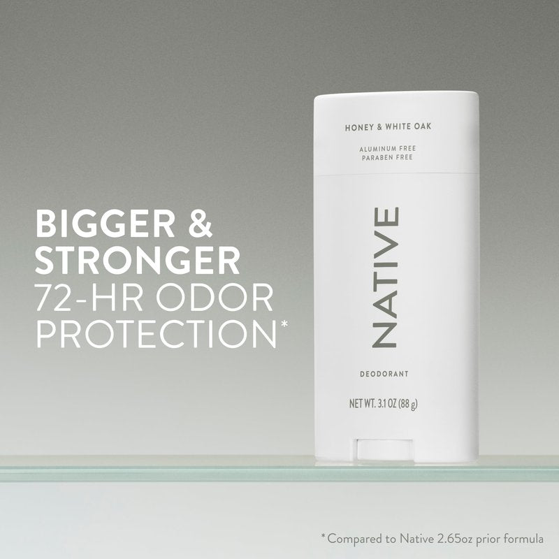 Native Aluminum Free Deodorant, Honey & White Oak, Large Size Stick, 72 Hour Odor Control, for Women & Men, Contains Naturally Derived Ingredients, 3.1 oz