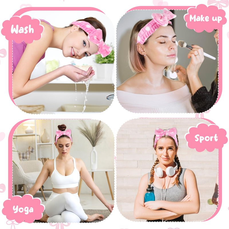 Prasacco 50 Pcs Pink Spa Headband for Women, Soft Coral Fleece Headband for Washing Face Cute Skincare Headbands with Bow Elastic Polyester Makeup Headbands for Women Girls