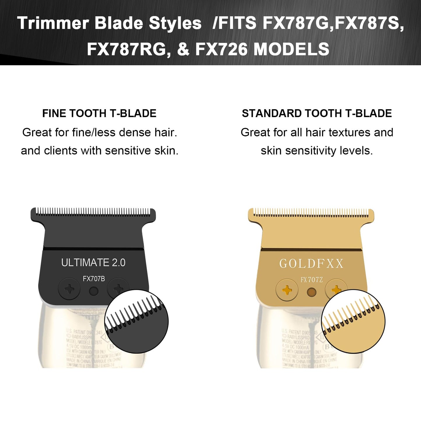 2PCS Replacement Trimmer Blades Compatible with BaBylissPRO FX787 & FX726 Trimmer,FX707Z DLC 2.0 Trimmer Blades Compatible with BaByliss Barberology Trimmer Blades,Black