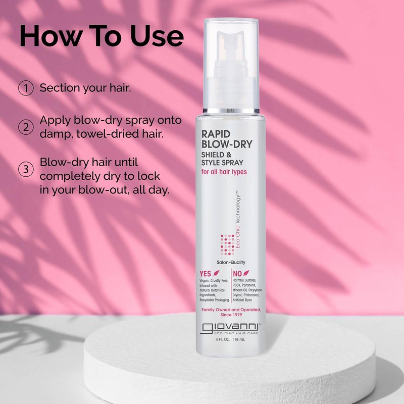 GIOVANNI Rapid Blow Dry Shield & Style Spray - Heat Protection Spray for All Hair Types, Dryer Heat Protectant for Women & Men, Quick Blowout Styling & Frizz Control, Smooths & Softens, Vegan- 4 fl oz