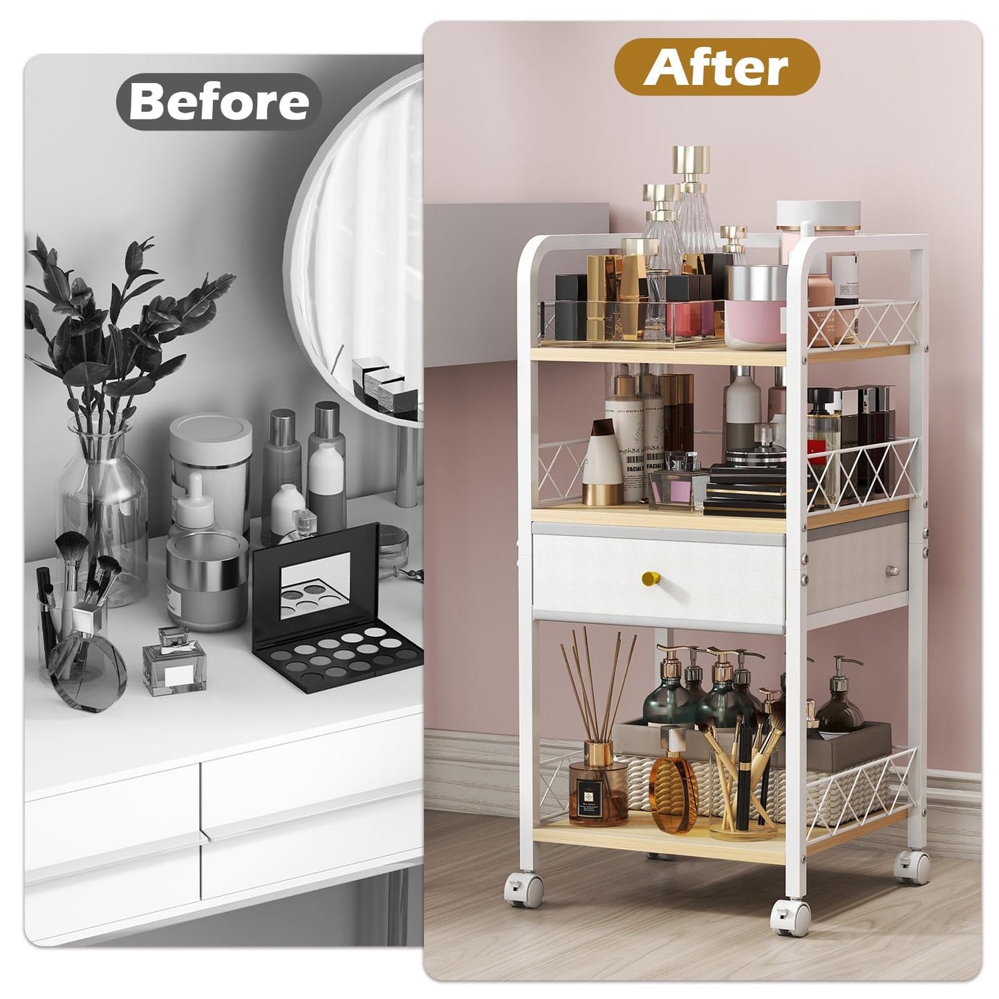 Makeup Organizer Rolling Cart with Drawer, Makeup Organizer on Wheels, Rolling Makeup Bathroom Storage Cart, Cosmetics Display for Nail Polish Makeup Brush