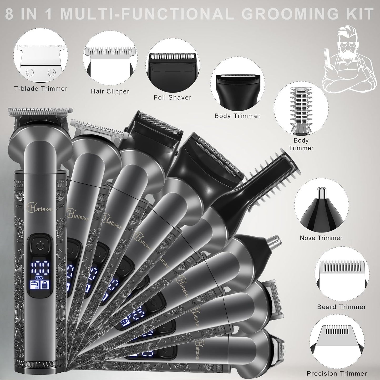 Hatteker 8-in-1 Multi-Functional Grooming Kit for Men Beard Trimmer for Men Hair Clipper Precision TrimmerNose Ear Trimmer Body Groomer Zero-Gap T-Blade, IPX7 Waterproof Cordless Trimmer Set