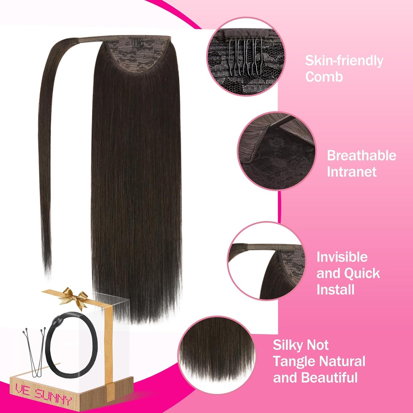 Real Human Hair Ponytail Extensions - 80g Clip-In Straight Hair for Women | Brunette Dark Brown, 14 Inch