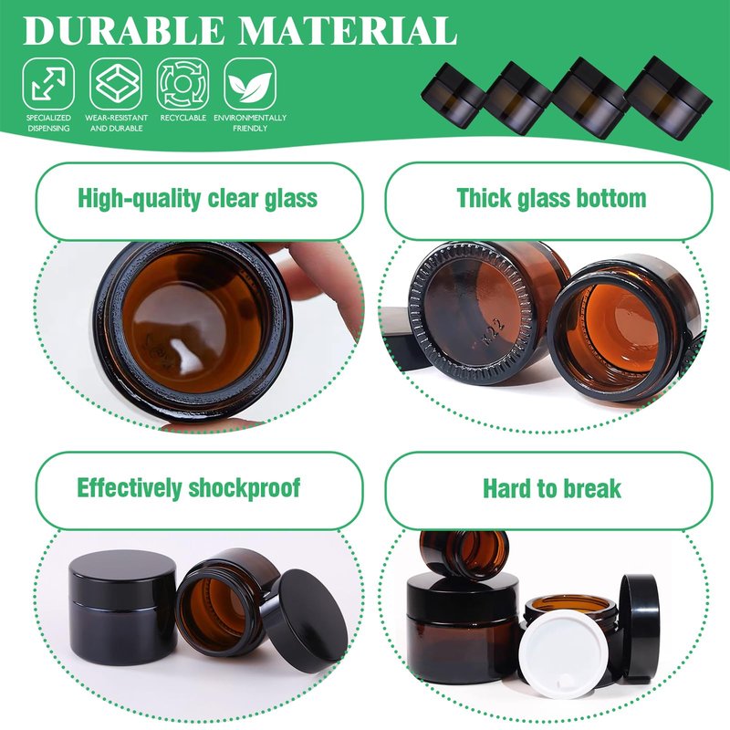 Yauhar 192Pcs 5g 10g 15g 20g Amber Glass Jars Assorted Kit with Black Lids, Inner Liners, Spoons and blank labels for Storing Lip and Body Scrub, Bath Salts, Lotion, Body Butter