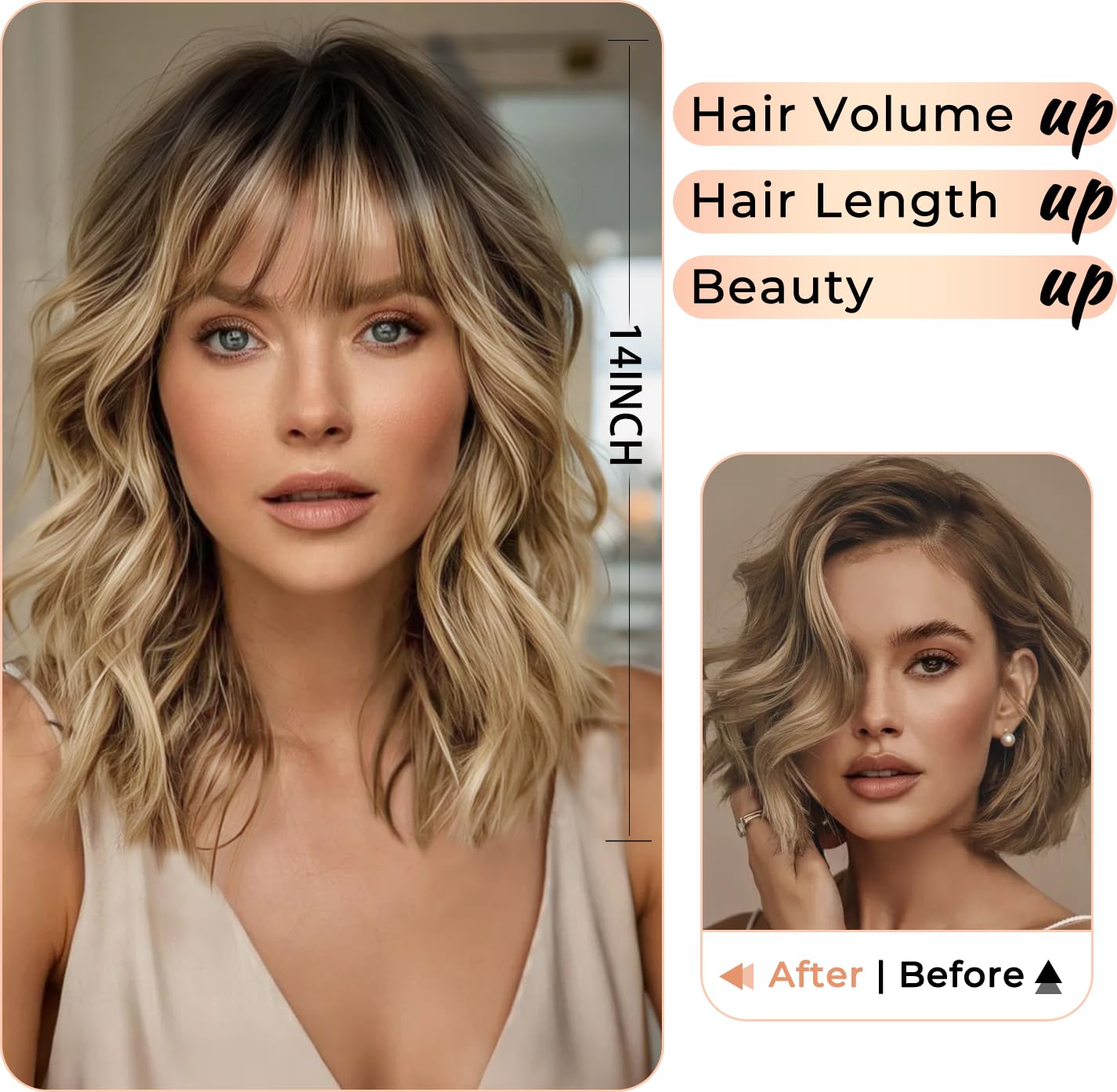 Hair Toppers for Women - 14 Inch 360° 3D Synthetic Curly Wavy Clip-In Bangs | Coffee Brown