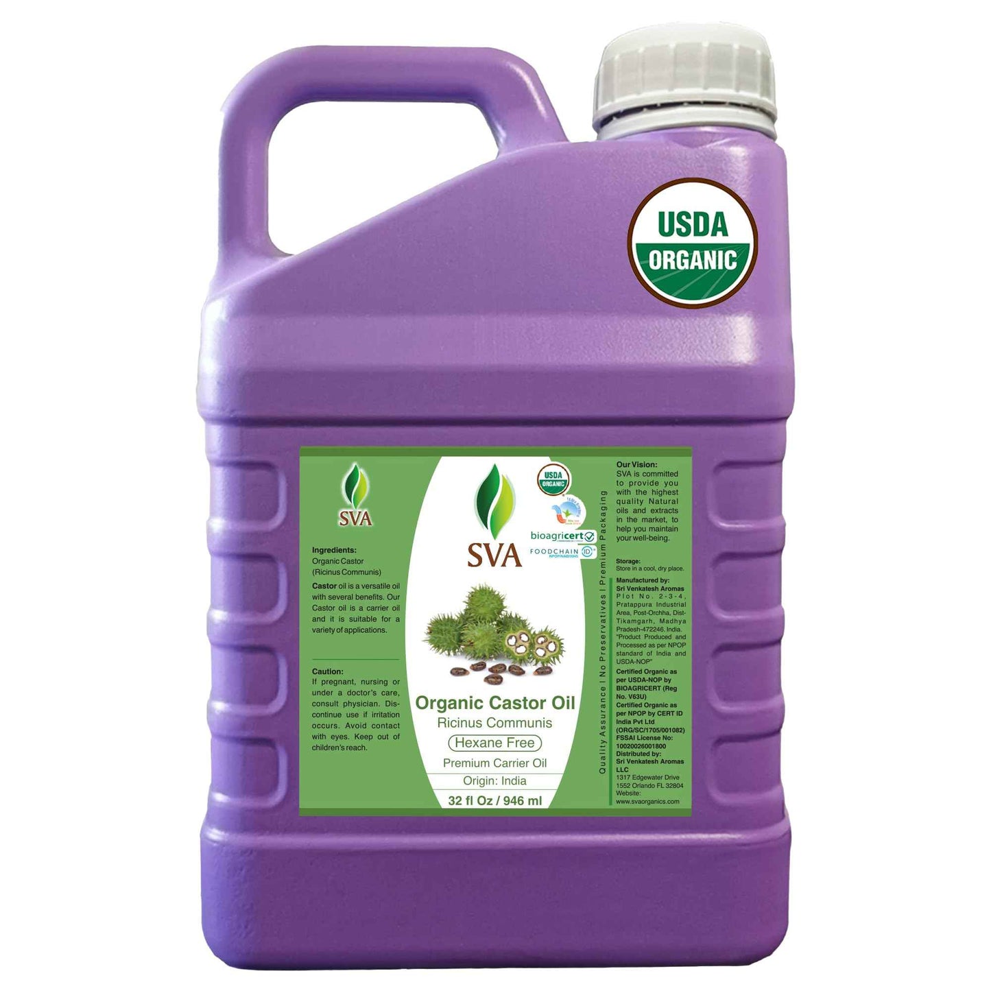 SVA Castor Seed Oi Organic - 32 Fl Oz – 100% Natural Cold Pressed Organic Castor Oil - for Face, Skin Care, Hair Care, Scalp Massage & Body Massage