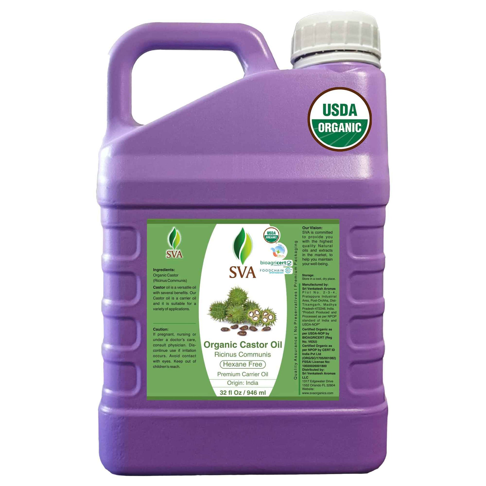 SVA Castor Seed Oi Organic - 32 Fl Oz – 100% Natural Cold Pressed Organic Castor Oil - for Face, Skin Care, Hair Care, Scalp Massage & Body Massage