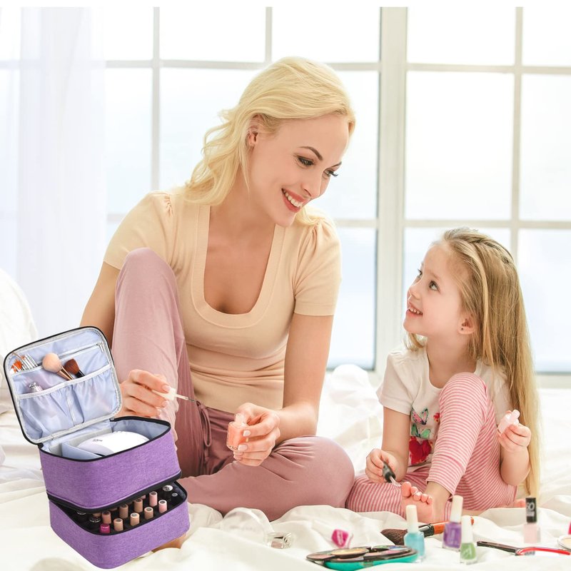 Nail Polish Organizer - Double-Layer Storage for 30 Bottles & Lamp | Portable Purple Travel Case with Handle