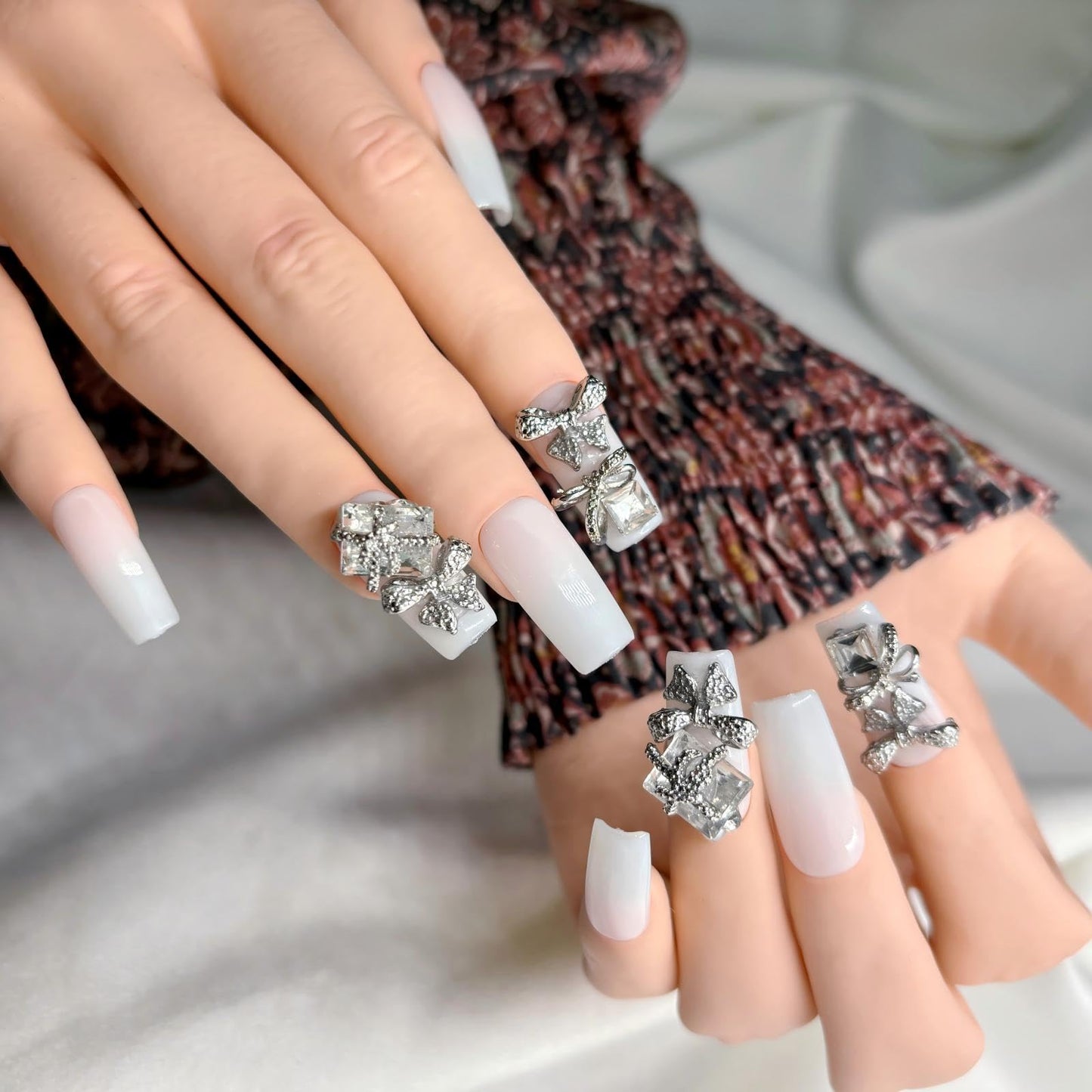 Handmade Square Press on Nails,Ivory White Press Ons,Nails with Crystal Bow Design, 3D Jeweled Decorative Nails for women,m