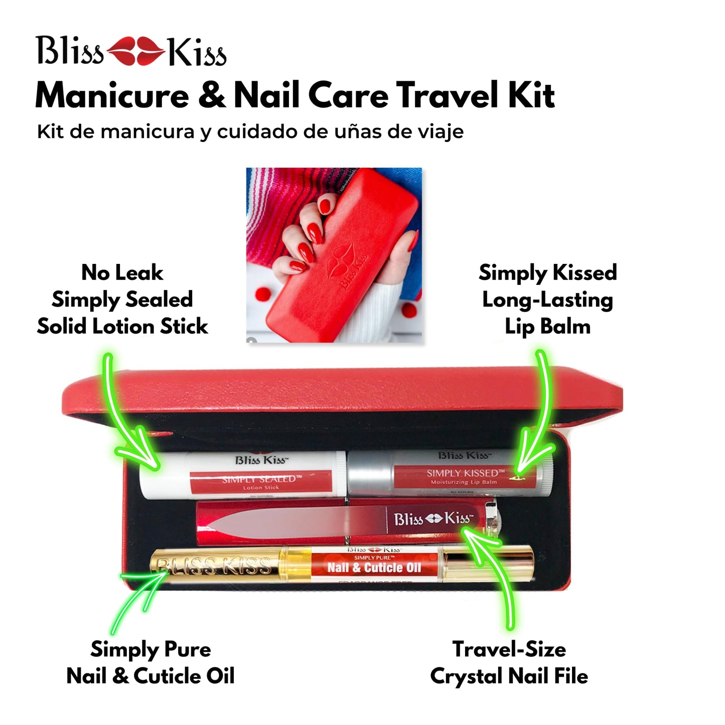 Bliss Kiss Nail Travel Manicure Kit - Great Gift Idea - Easy carry, to-go case to care for your nails, skin, and lips - Hydrating Nail and Cuticle Oil, Lotion Stick, Crystal Nail File, Lip Balm