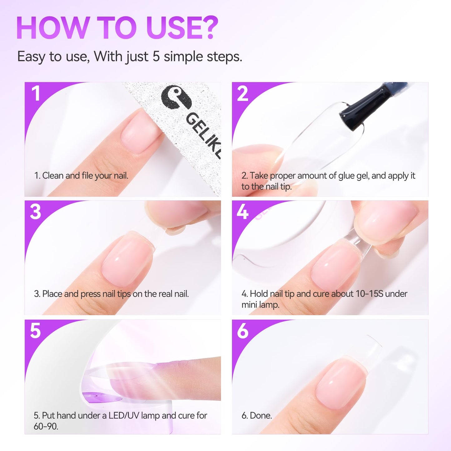 Gelike EC 6 in 1 Nail Glue Gel: 2 Pcs Gel Nail Polish for Press on Nails - Nail Glue Strong Easy and Long Last for False Acrylic Tip - Base Coat for Salon Home Polish