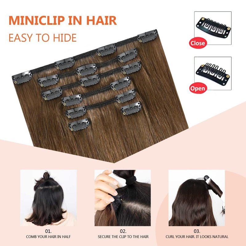 UGOTRAYS Light Brown Hair Extensions Clip in Human Hair 18 Inch 70g 7pcs Remy Hair Silky Straight 16clips One Pack for Women #6 Chestnut Brown Hair Extensions