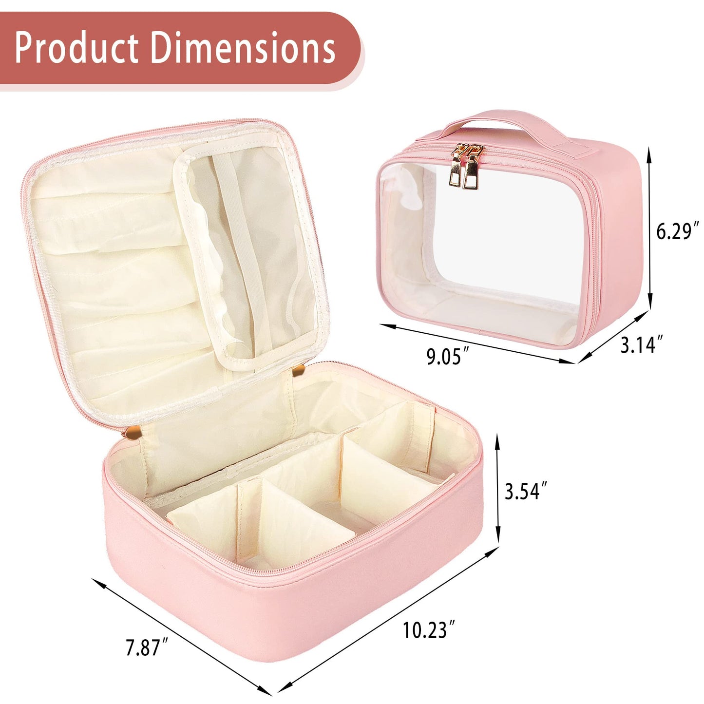 Ebbniur Makeup Bag, 2 PCS PU Leather Cosmetic Bags, Portable Travel Makeup Case, Large Makeup Organizer with Clear Makeup Bag for Women (Pink)