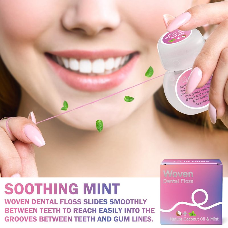 Dr. Emma Woven Dental Floss Coconut Oil Infused Expanding Dental Floss, Oral Care Stretchable Floss, Mint 33yd Pink, Pack of 2