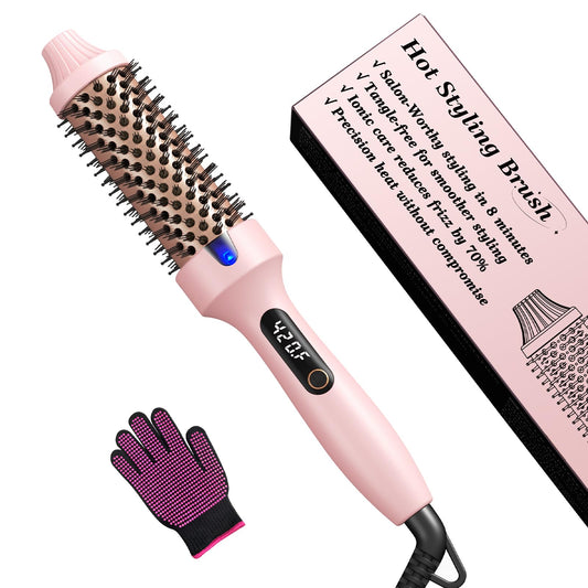 Thermal Brush for Blowout – 1.5 Inch Heated Round Brush with Negative Ions, Dual Voltage, Dual PTC, 6 Heat Settings, Salon Smooth Hair, Less Frizz, Travel-Friendly, Pink