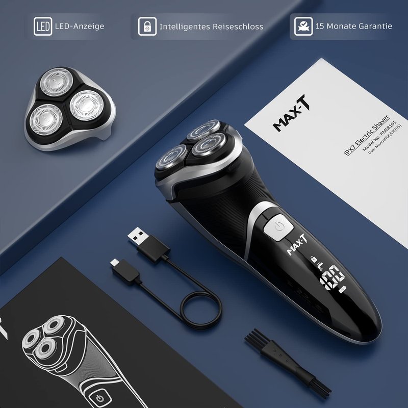 Electric Shaver for Men - MAX-T Quick Rechargeable Wet/Dry Rotary Razor with Pop-Up Trimmer & LED Display | IPX7 Waterproof