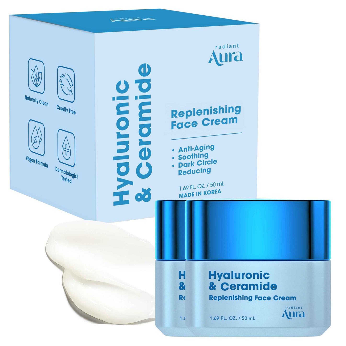 Radiant Aura Hyaluronic & Ceramide Face Moisturizer - Dermatologist Tested Korean Formula for Deep Hydration - Premium Non-Greasy Solution for Daily Moisture & Skin Barrier Care 2 Pack 1.69 fl oz Each