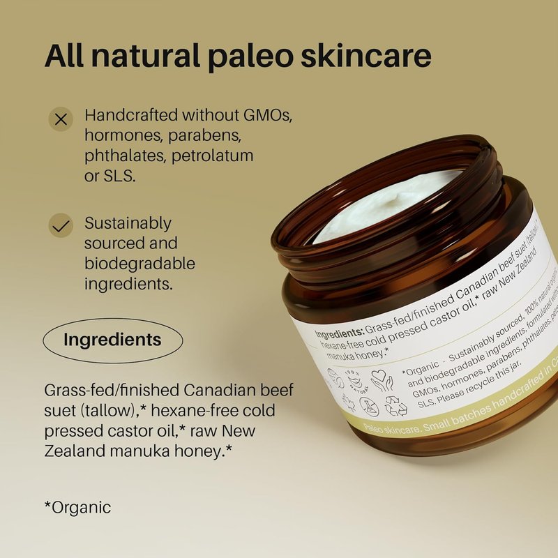 Organic Tallow Cream - Natural Unscented Face & Body Moisturizer with Manuka Honey | 60 ml (2 oz)