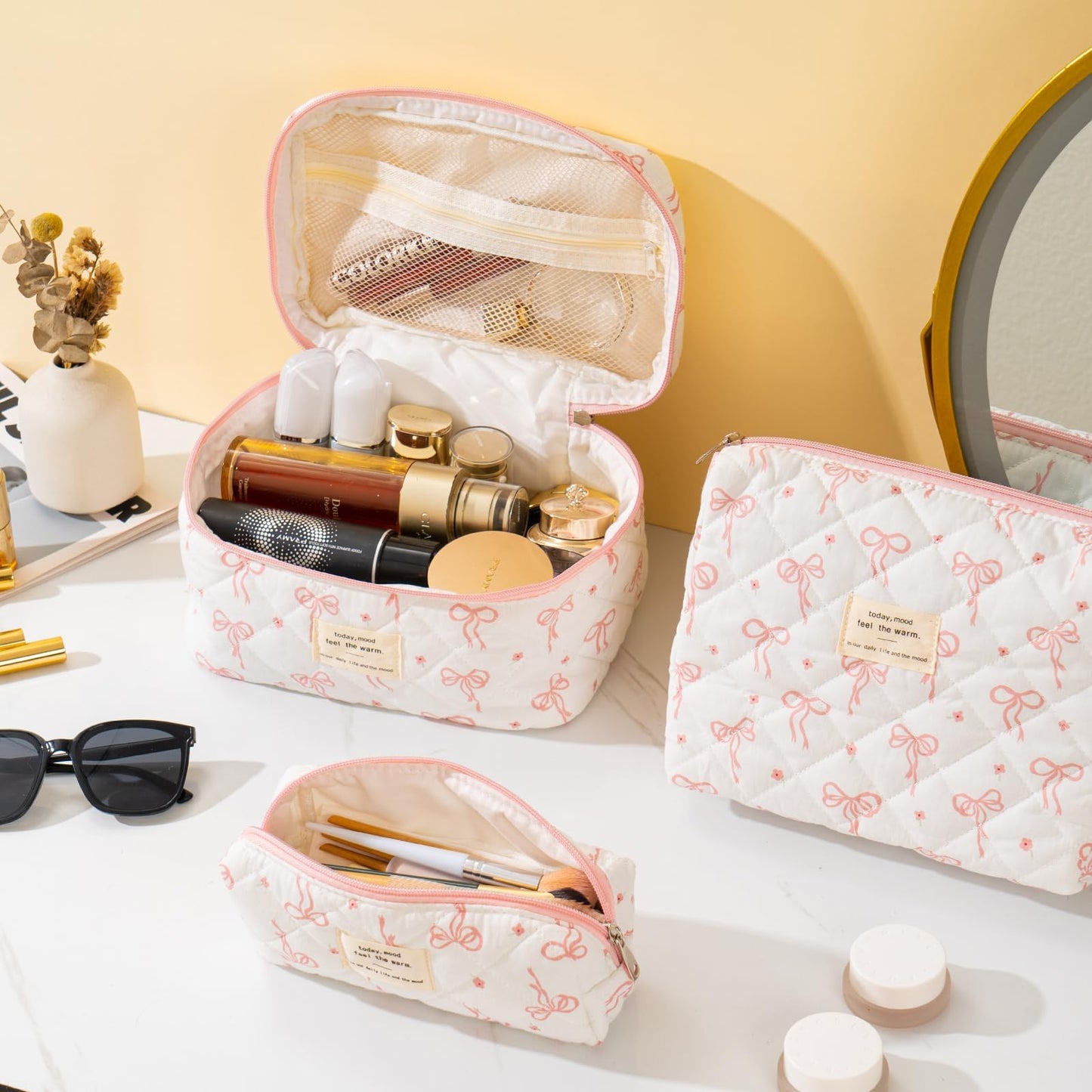 UUYUUY Makeup Bag for Women 3PCS Quilted Cotton Make Up Bag Travel Cosmetic Bag Large Makeup Bag Set Cute Bow Organizer Floral Toiletry Pouch for Purse, Bow B