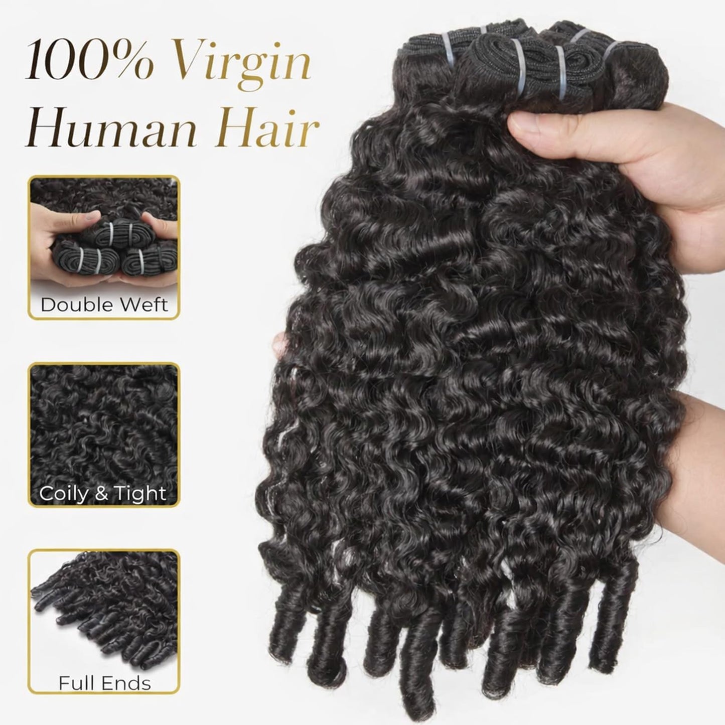 Wequeen 16A Burmese Curly Human Hair Bundles 18 Inch 100% Unprocessed Brazilian Virgin Hair Quick Weave Bundles Human Hair Extensions Real Human Hair, Natural Black