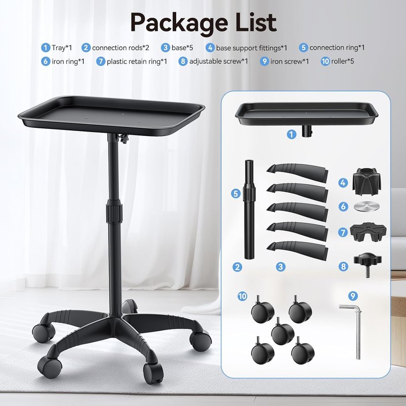 Adjustable Height Salon Rolling Tray Cart - Aluminum Hairstylist Color Tattoo Tray with Wheels | 36 Inch