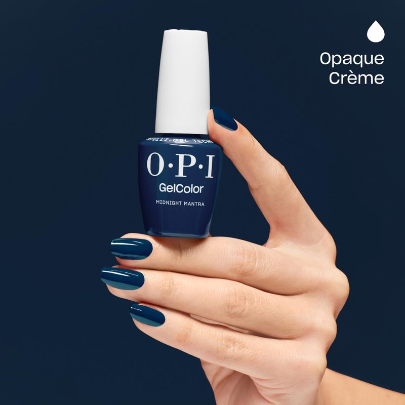 OPI GelColor Midnight Mantra | Opaque Dark Navy Blue Crème LED Cure Gel Nail Polish | Salon-Quality Shine, Long-Lasting Wear | Vegan & HEMA Free | 0.5 Fl Oz