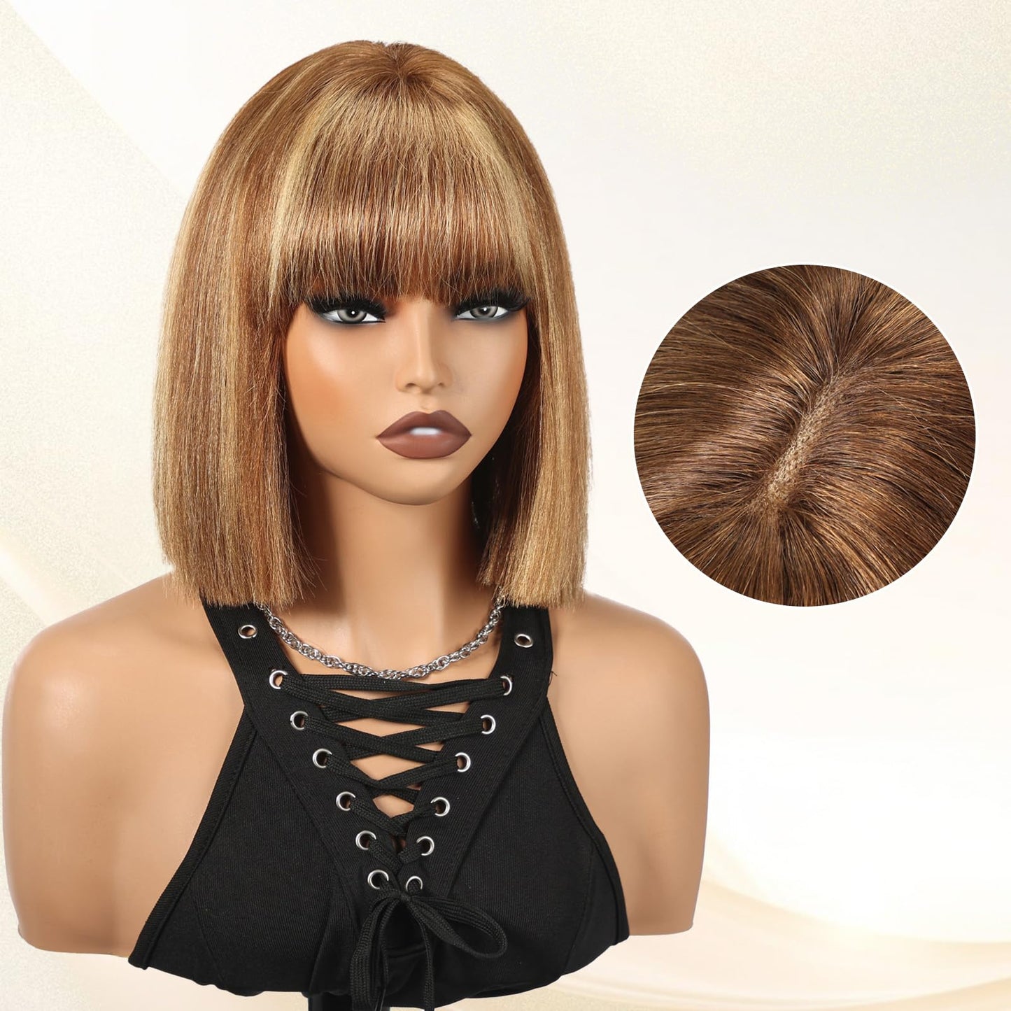 ELLORS 10 Inch Highlight Ombre Bob Wig Human Hair With Bangs Glueless 2x1 HD Lace Wigs, Short Wigs For Women Yaki Straight
