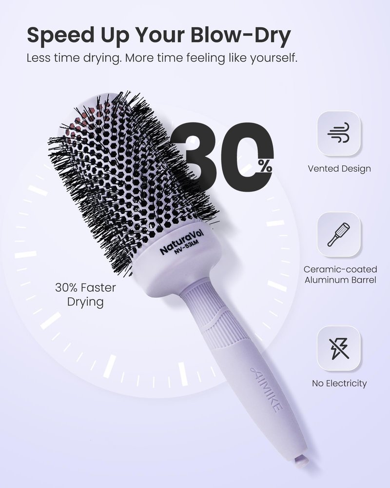 AIMIKE NaturaVol Round Brush for Blow Out,Nano Thermal Ceramic-Coated Round Hair Brush for Fine Hair,Fast Blow Dry for Smooth Salon-Style Finish at Home,Adds Volume,Purple (2.1"Barrel,3"with Bristles)